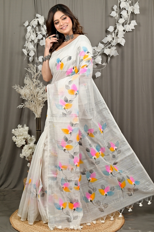 White Blended Cotton Finesi Hand Painted Saree (3047)