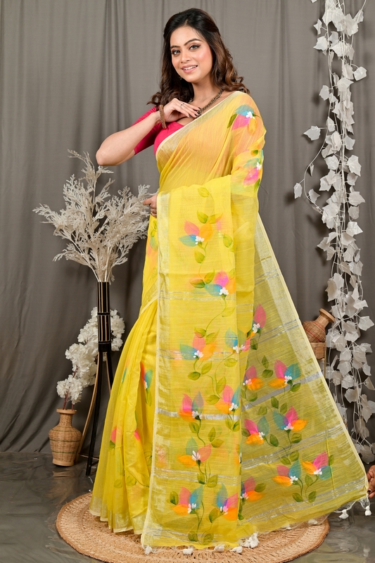 Yellow Blended Cotton Finesi Hand Painted Saree (3048)