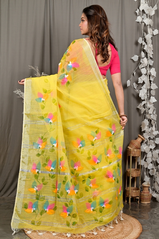 Yellow Blended Cotton Finesi Hand Painted Saree (3048)