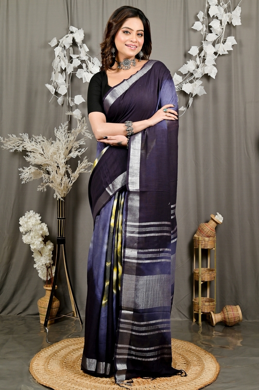 Night Blue Pure Cotton Finui Hand Loom Saree (3049)