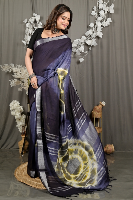 Night Blue Pure Cotton Finui Hand Loom Saree (3049)