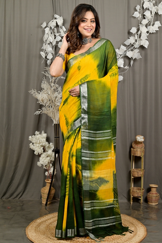 Yellow Green Pure Cotton Finui Hand Loom Saree (3062)