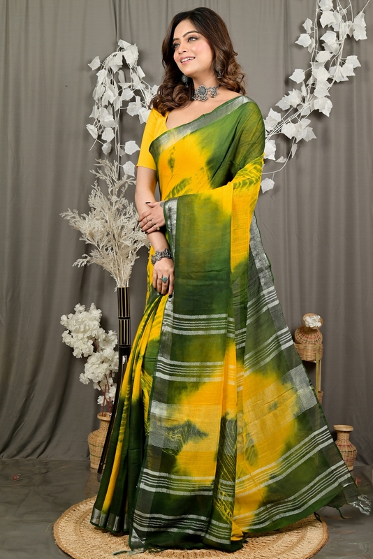 Yellow Green Pure Cotton Finui Hand Loom Saree (3062)