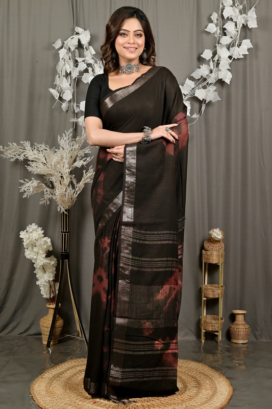 Black Pure Cotton Finui Hand Loom Saree (3063)