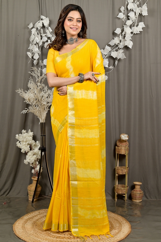Yellow Pure Cotton Finui Hand Loom Saree (3064)