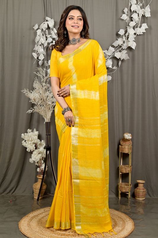 Yellow Pure Cotton Finui Hand Loom Saree (3064)