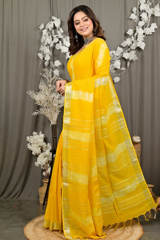 Yellow Pure Cotton Finui Hand Loom Saree (3064)