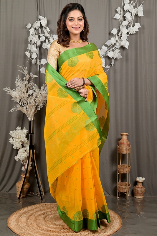 Yellow Green Pure Cotton Fipani Tant Saree (3069)