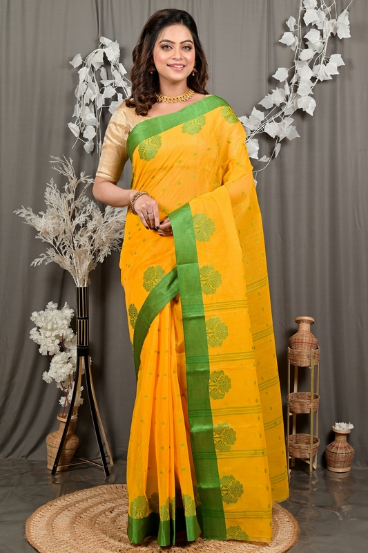 Yellow Green Pure Cotton Fipani Tant Saree (3069)