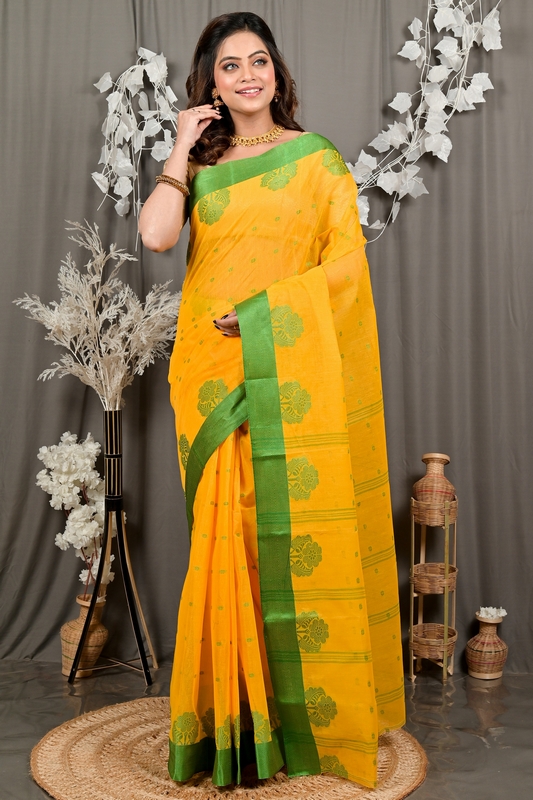 Yellow Green Pure Cotton Fipani Tant Saree (3069)