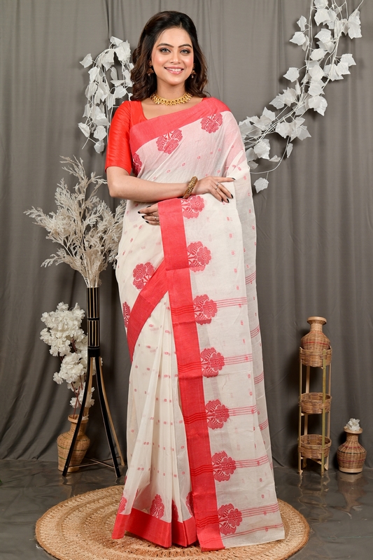 White Red Pure Cotton Fipani Tant Saree (3070)