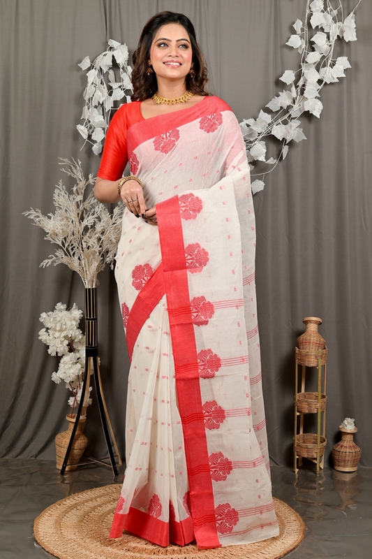White Red Pure Cotton Fipani Tant Saree (3070)