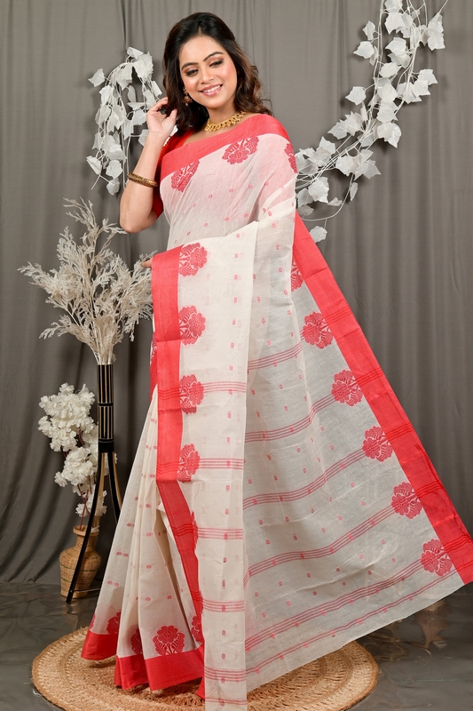 White Red Pure Cotton Fipani Tant Saree (3070)