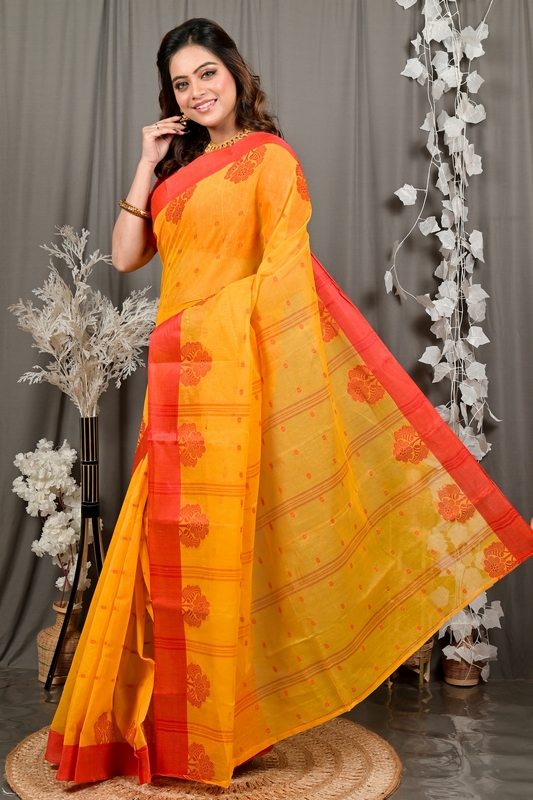 Yellow Red Pure Cotton Fipani Tant Saree (3071)