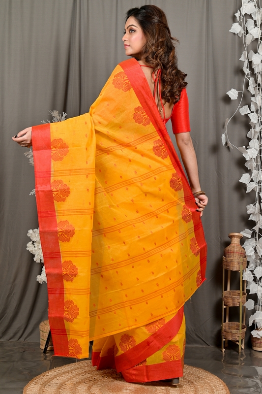 Yellow Red Pure Cotton Fipani Tant Saree (3071)