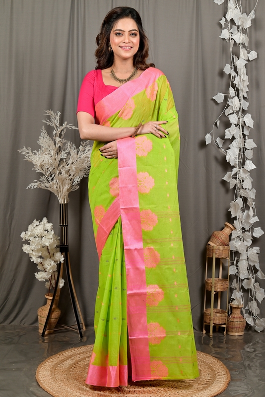 Light Green Pink Pure Cotton Fipani Tant Saree (3072)