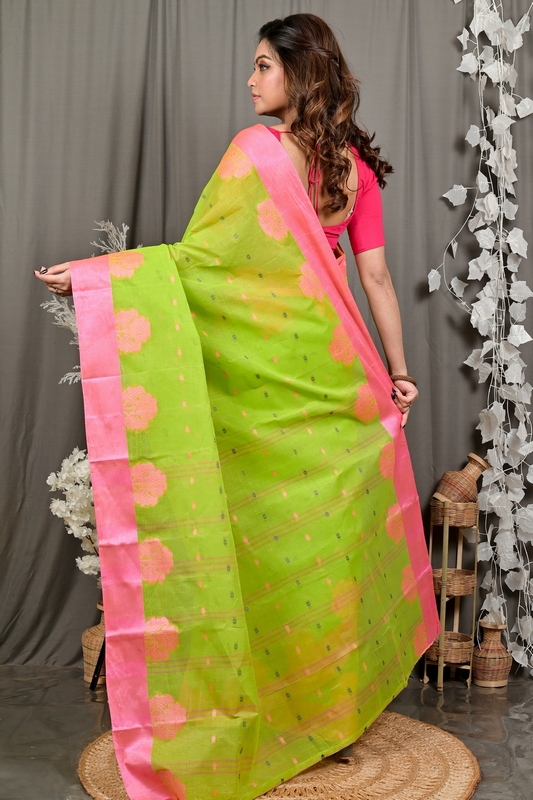 Light Green Pink Pure Cotton Fipani Tant Saree (3072)