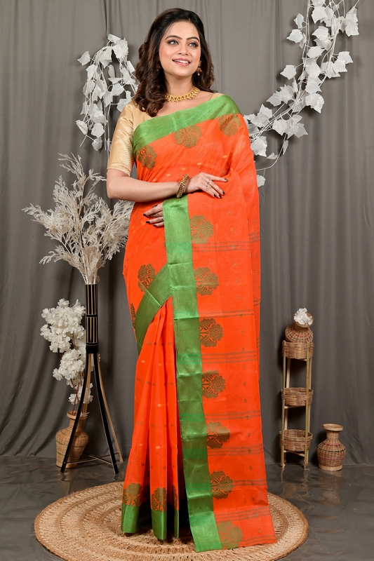 Orange Green Pure Cotton Fipani Tant Saree (3074)