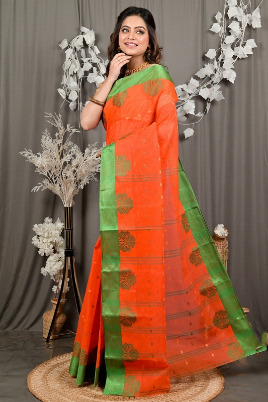 Orange Green Pure Cotton Fipani Tant Saree (3074)