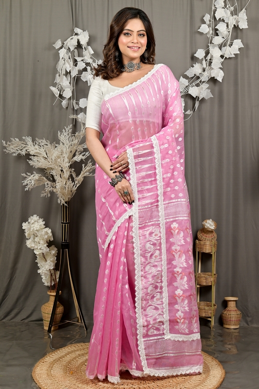 Baby Pink Blended Cotton Fipui Jamdani Saree (3075)