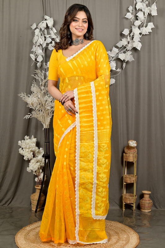 Yellow Blended Cotton Fipui Jamdani Saree (3077)