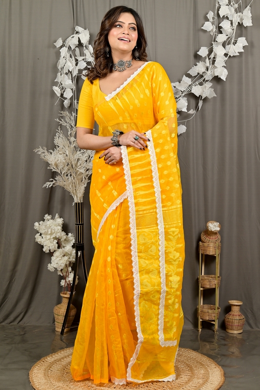 Yellow Blended Cotton Fipui Jamdani Saree (3077)