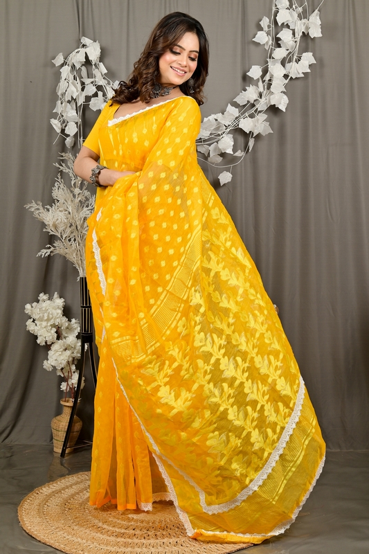 Yellow Blended Cotton Fipui Jamdani Saree (3077)