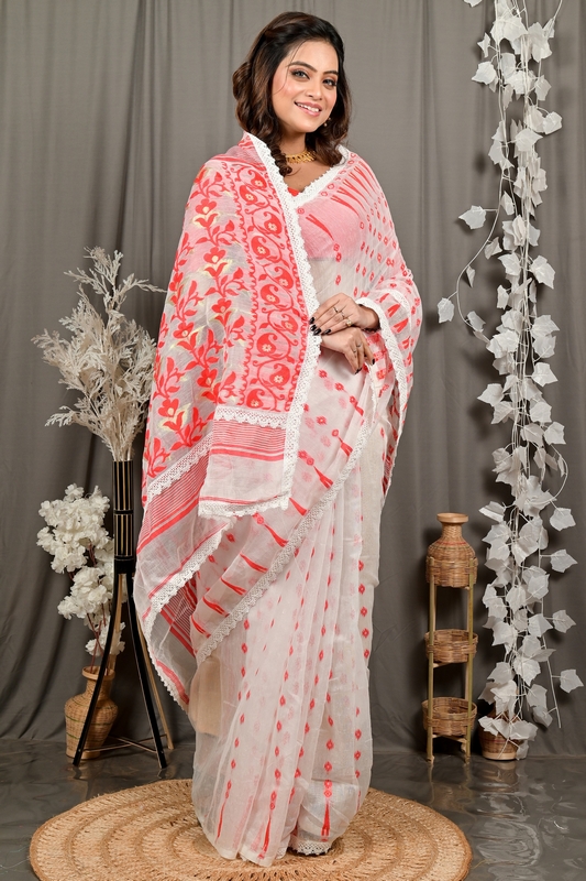 Off-White Red Blended Cotton Fipui Jamdani Saree (3078)
