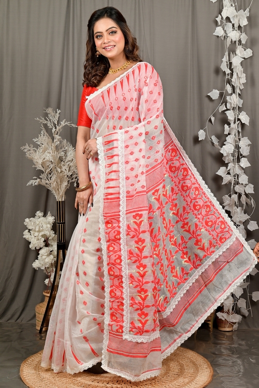 Off-White Red Blended Cotton Fipui Jamdani Saree (3078)
