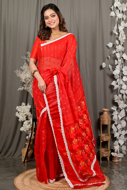 Red Blended Cotton Fipui Jamdani Saree (3079)