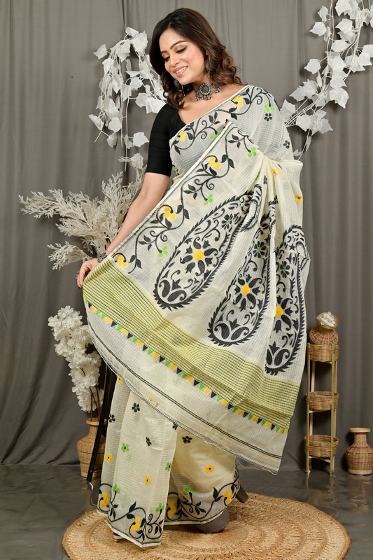 Off white Black Cotton Fivani Jamdani Saree (3080)