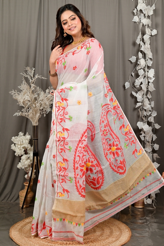 Off White Red Cotton Fivani Jamdani Saree (3100)