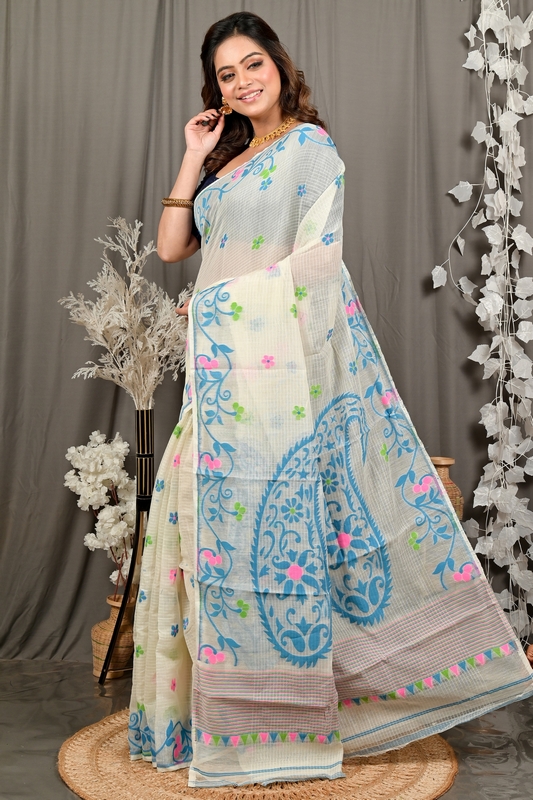 Off White Blue Cotton Fivani Jamdani Saree (3101)