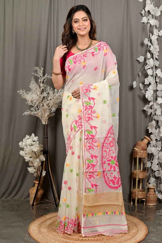 Off White Pink Cotton Fivani Jamdani Saree (3103)