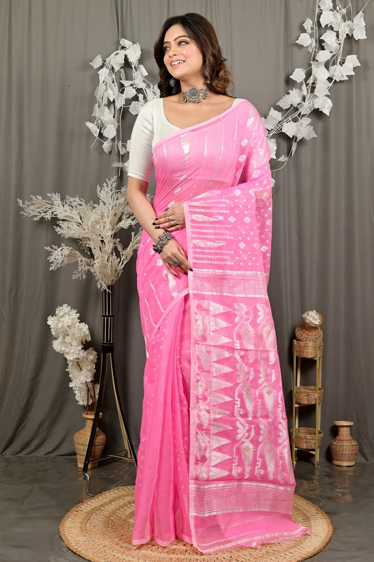 Baby Pink Cotton Folai Jamdani Saree (3108)