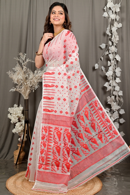 White Red Cotton Folai Jamdani Saree (3110)