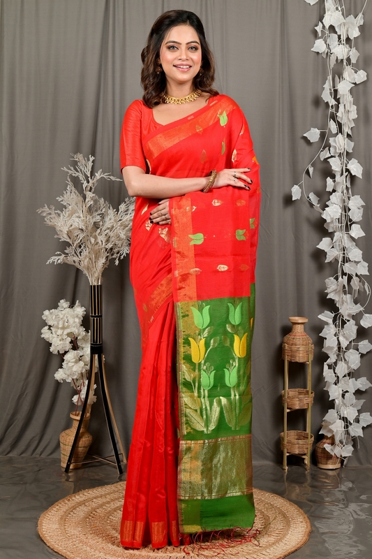 Red Green Blended Cotton Foyani Hand Loom Saree (3112)