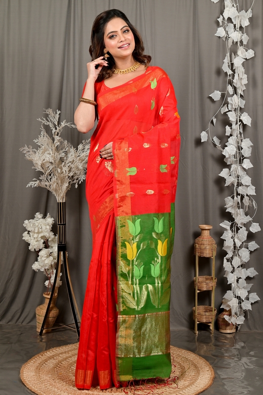 Red Green Blended Cotton Foyani Hand Loom Saree (3112)