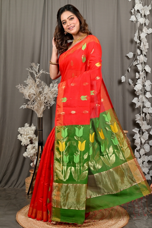 Red Green Blended Cotton Foyani Hand Loom Saree (3112)