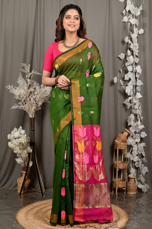 Dark Green Purpel Blended Cotton Foyani Hand Loom Saree (3115)