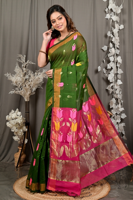 Dark Green Purpel Blended Cotton Foyani Hand Loom Saree (3115)