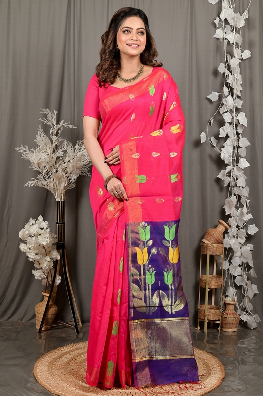 Pink Purple Blended Cotton Foyani Hand Loom Saree (3116)