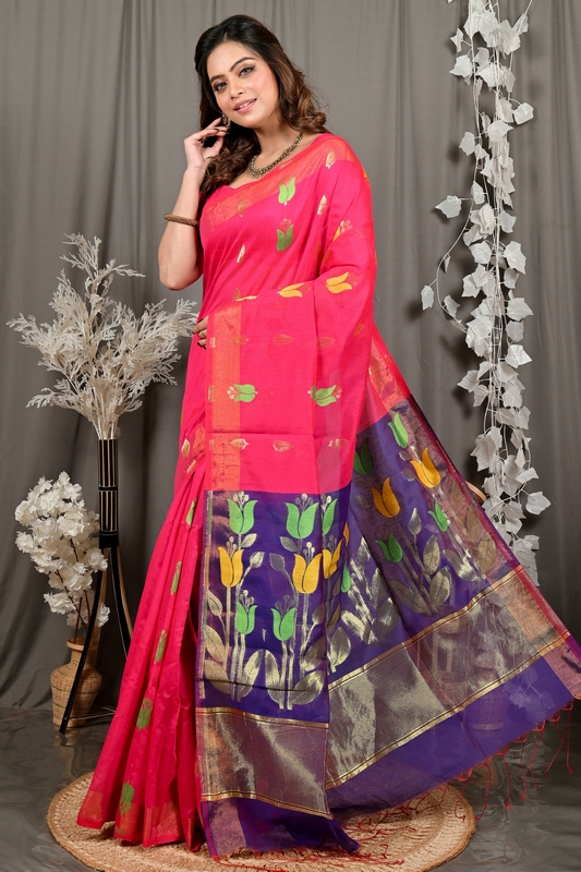 Pink Purple Blended Cotton Foyani Hand Loom Saree (3116)