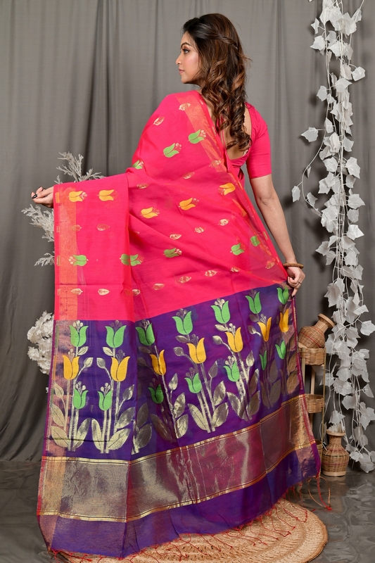 Pink Purple Blended Cotton Foyani Hand Loom Saree (3116)