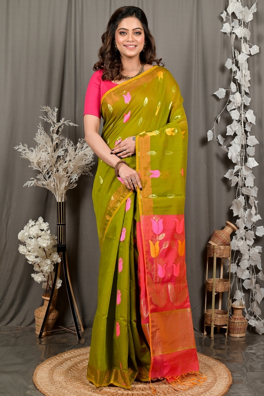 Green Pink Blended Cotton Foyani Hand Loom Saree (3117)