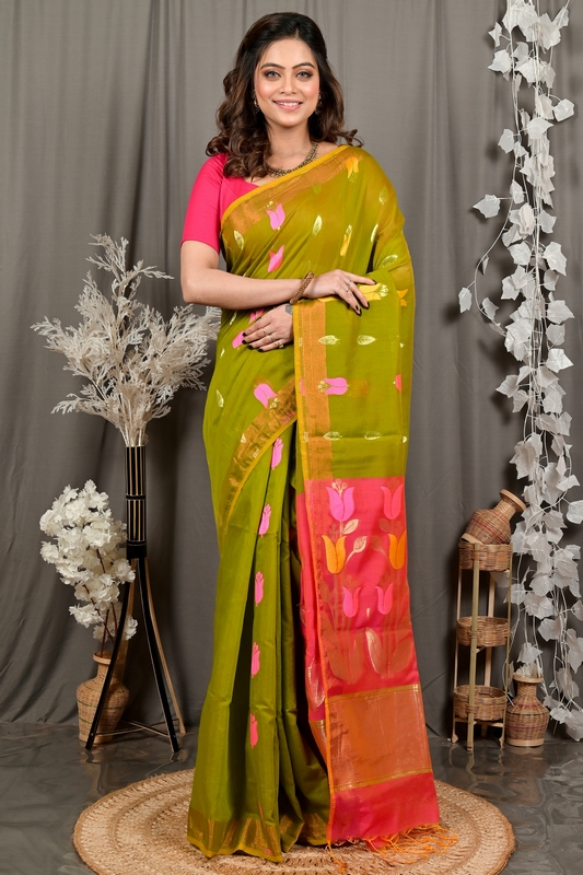 Green Pink Blended Cotton Foyani Hand Loom Saree (3117)