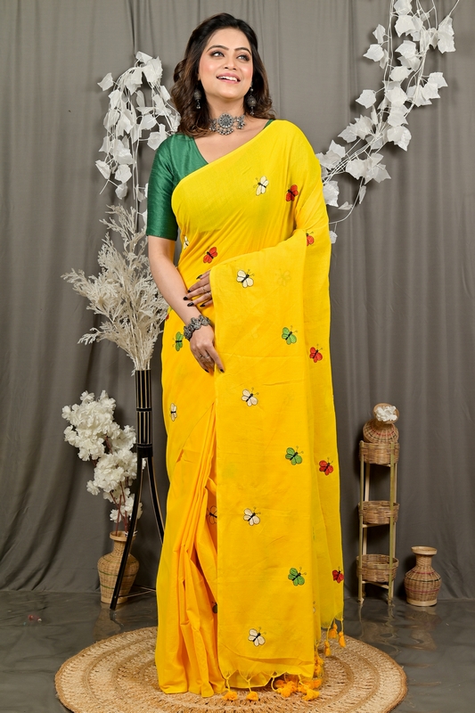 Yellow Blended Cotton Foyeli Embroidery Handloom saree (3119)