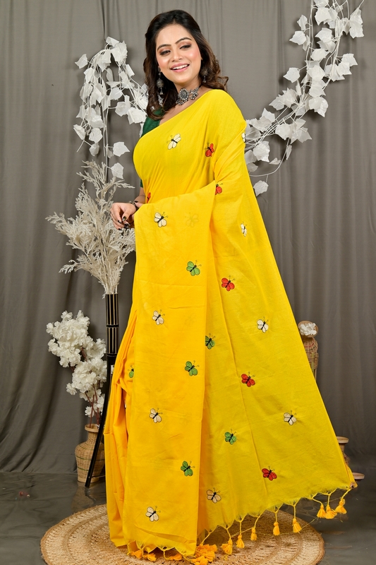 Yellow Blended Cotton Foyeli Embroidery Handloom saree (3119)