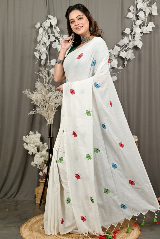 White Blended Cotton Foyeli Embroidery Handloom saree (3120)