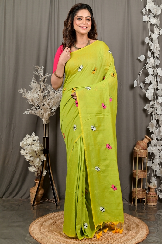 Green Blended Cotton Foyeli Embroidery Handloom saree (3121)